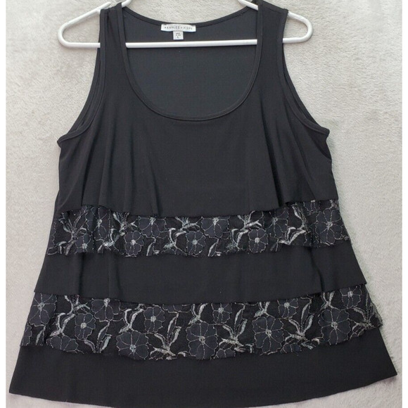Annalee & Hope Tank Women's Large Black Lace Floral Panel‎ Sleeveless Round Neck - Picture 1 of 7